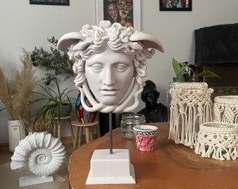 Medusa Head Statue on Base Greek Mythology Sculpture Antique Marble Bust for Home Decor 30 cm / 11.8 Inches