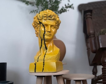 Large David Sculpture Statue, David Bust Statue, Bust, Yellow Sculpture Black Strip, Roman Sculpture Statues, Greek Bust Statue,13 Inches