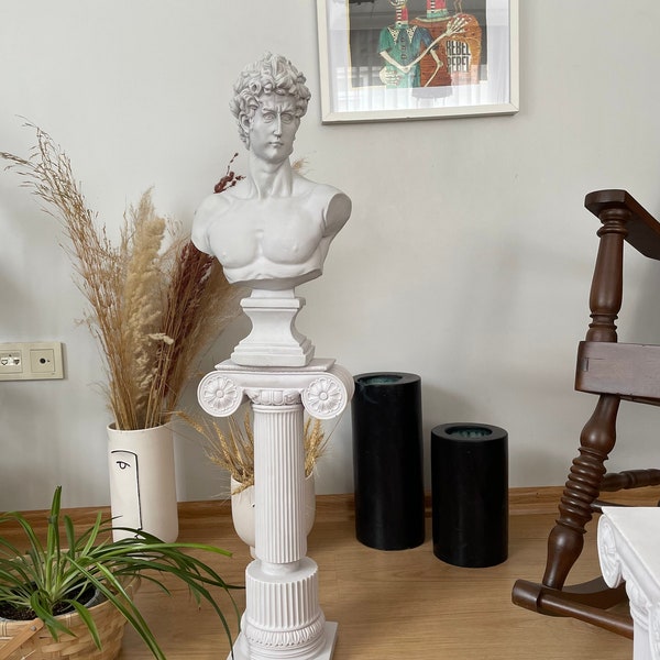 Große David Skulptur Statue mit großer Säule,35 Zoll, David Büste Statue und Säule Set,Zwei Teile weiße Skulptur, römische Skulpturen