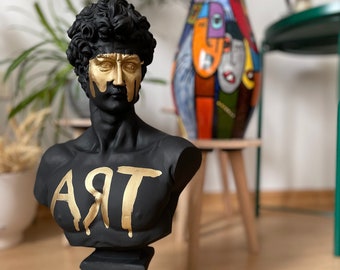 Large David Sculpture Statue, David Bust Statue, Bust, Black Sculpture Gold Strip, Roman Sculpture Statues, Greek Bust Statue