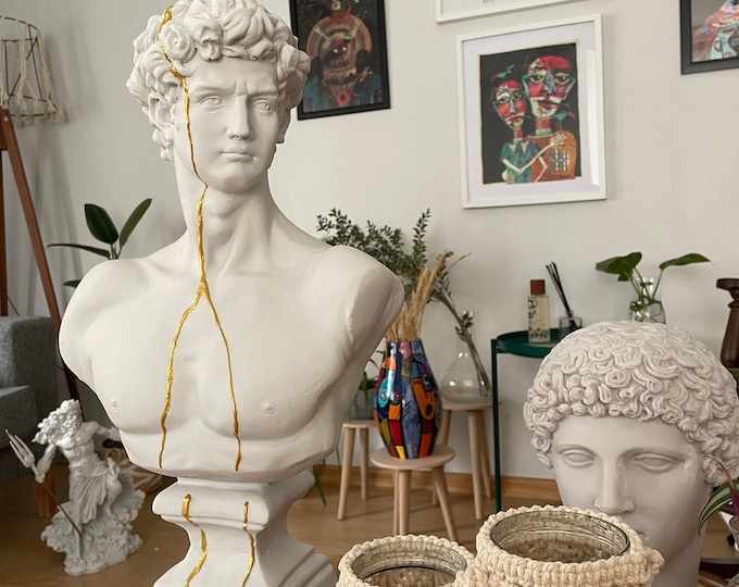 Featured listing image: 22 Inches Huge David Sculpture Statue, David Bust Statue, Bust, White Sculpture Gold Strip, Roman Sculpture Statues, Greek Bust Statue