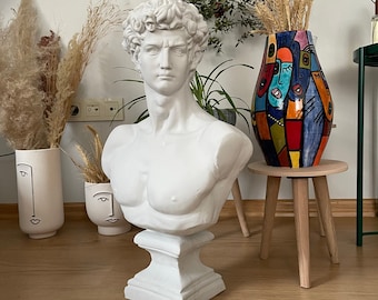 Handmade David Bust Statue: 22&quot; White & Gold Roman Sculpture