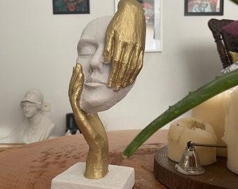 Mask Sculpture Statue,10 Inches,Housewarming Gifts,Creative Abstract Decor, Gold Statue Face, Hand Statues,Home and Office Desk Figurine