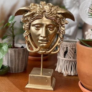 Gold Medusa Head Statue: Greek Mythology Sculpture, Home Decor (11.8 Inches)