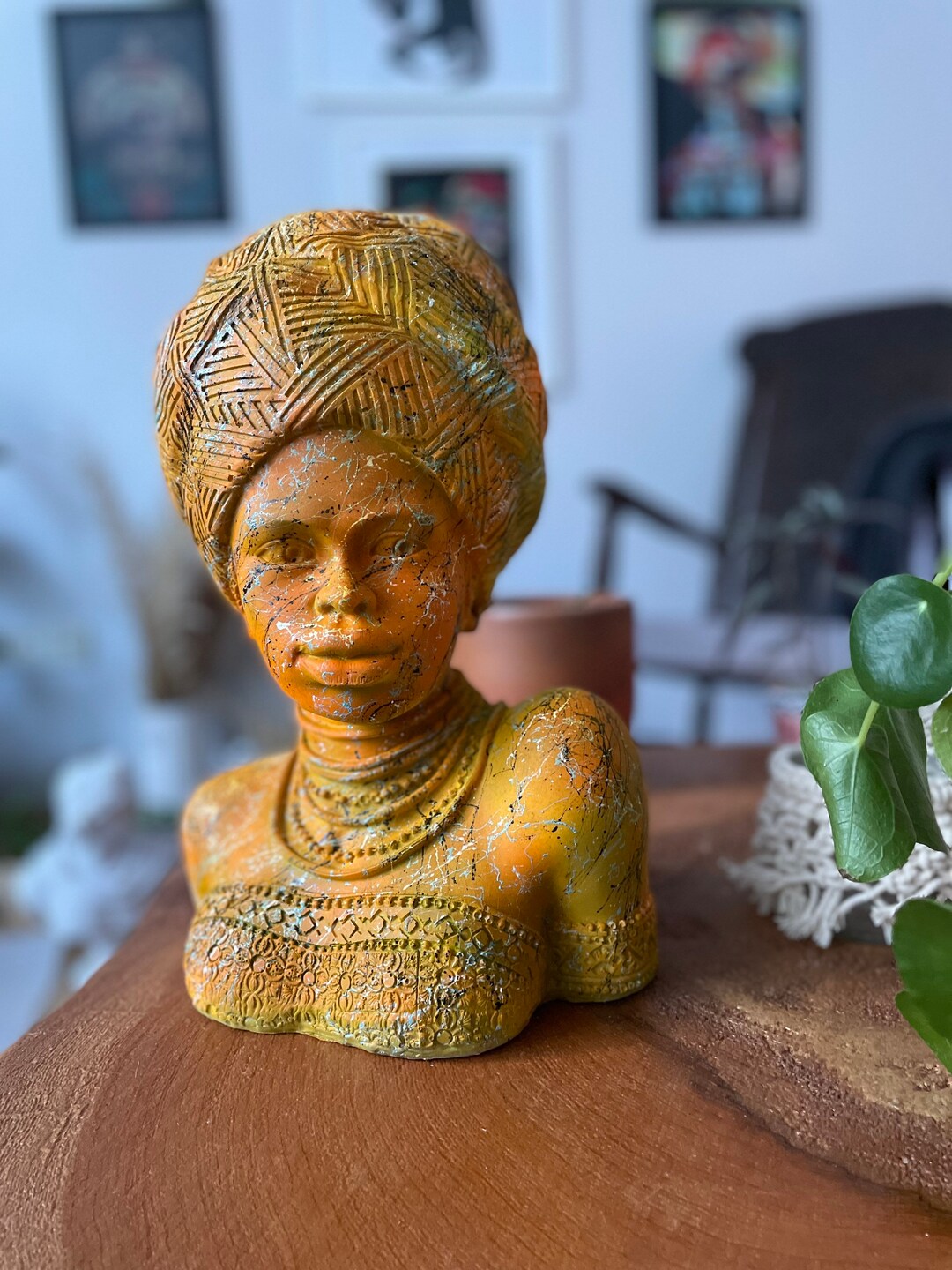 Large African Lady Sculpture Statue, African Statue, Bust, Orange