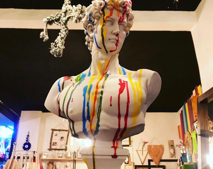 Featured listing image: Large David Sculpture Statue, David Bust Statue, Bust, White Sculpture colorful Strip, Roman Sculpture Statues, Greek Bust Statue,Gift