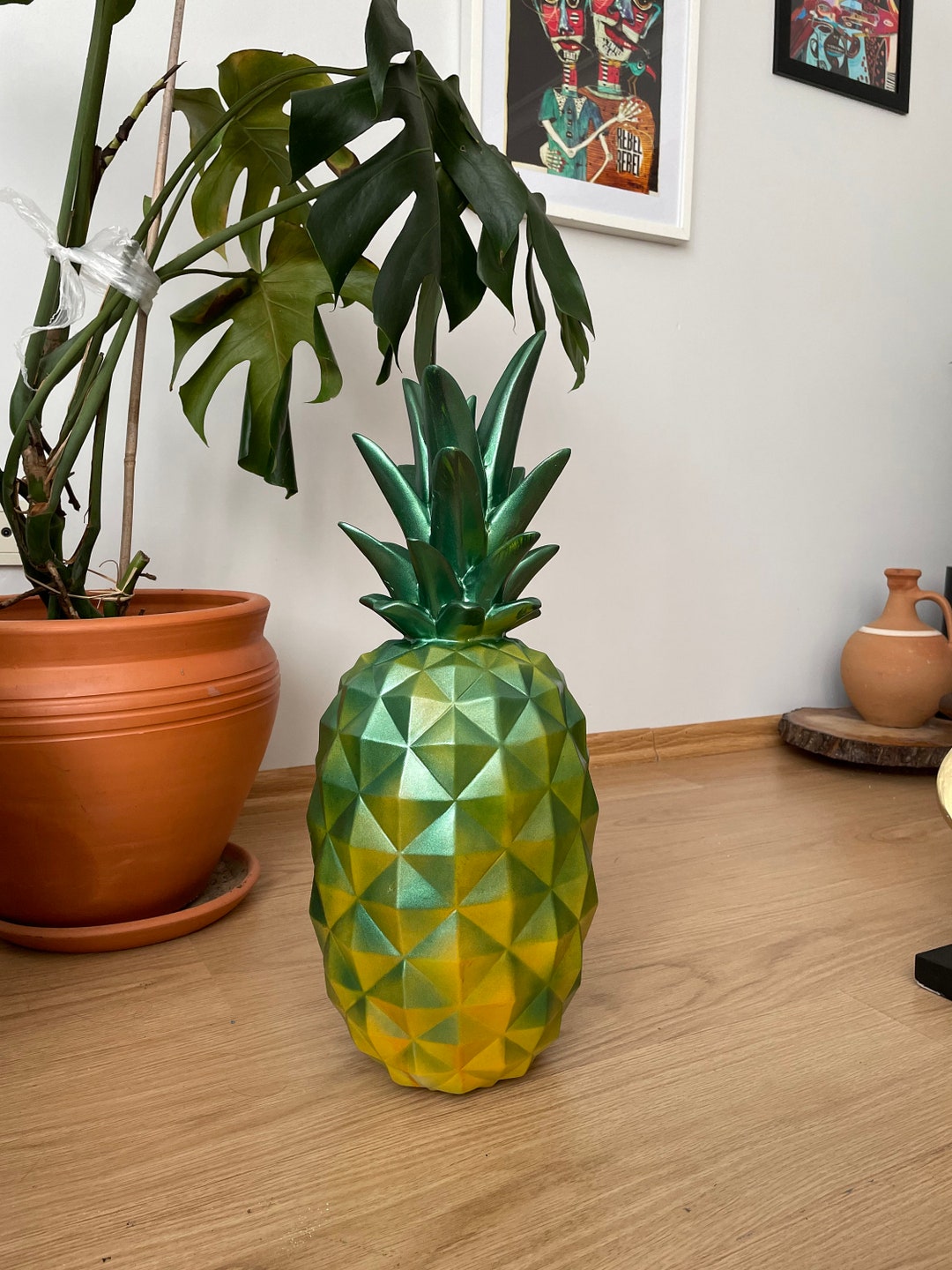 Large Pineapple Statue Sculpture, Green and Yellow Sculpture,29 Inches