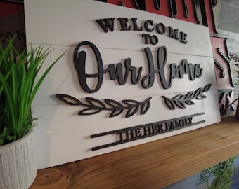 Welcome To Our Home - Shiplap Wooden - Family Name Sign