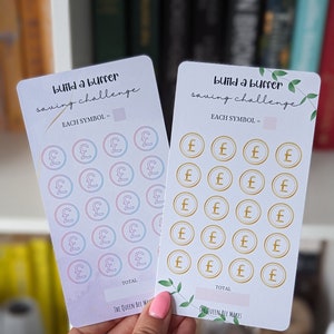 May include: Two white cards with green leaves and the text "Build a buffer saving challenge". Each card has a grid of 20 gold pound symbols. The text "Each symbol =" is at the top of each card.