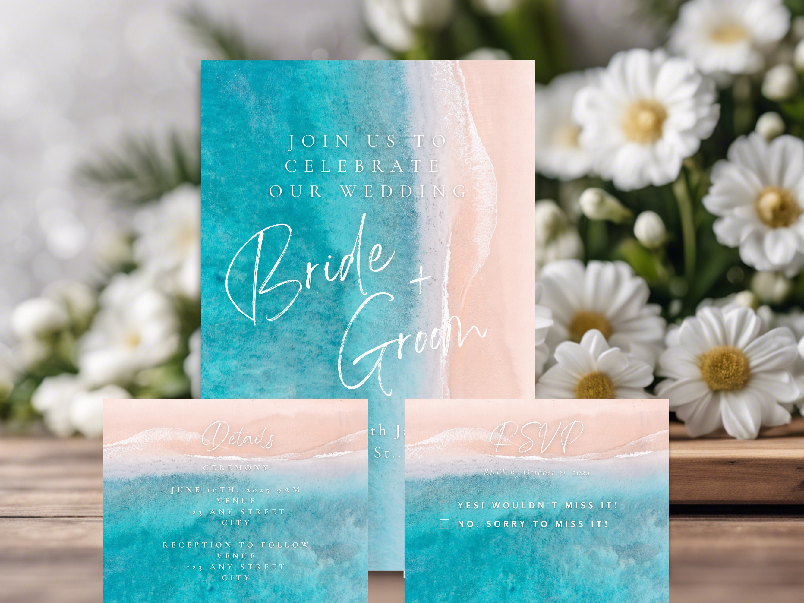 Beach Wedding Invitation Template, Ocean Wedding Invitation Set, Beach ...