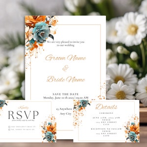 Teal & Burnt Orange Wedding Invitation Template Set, Editable and Printable Terracotta and Dark Teal Invitation, Instant Download Invites