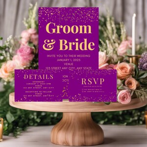 Purple and Gold Wedding Invitation Template, Printable Wedding Invitation, Wedding Invitation, Edit with Canva, Instant Download