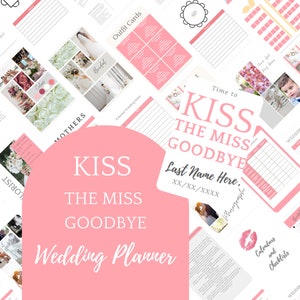 Pink Kiss the Miss Goodbye Wedding Planning Binder Template, Customizable Canva Template, Printable Wedding Planner, Wedding Day of Binder