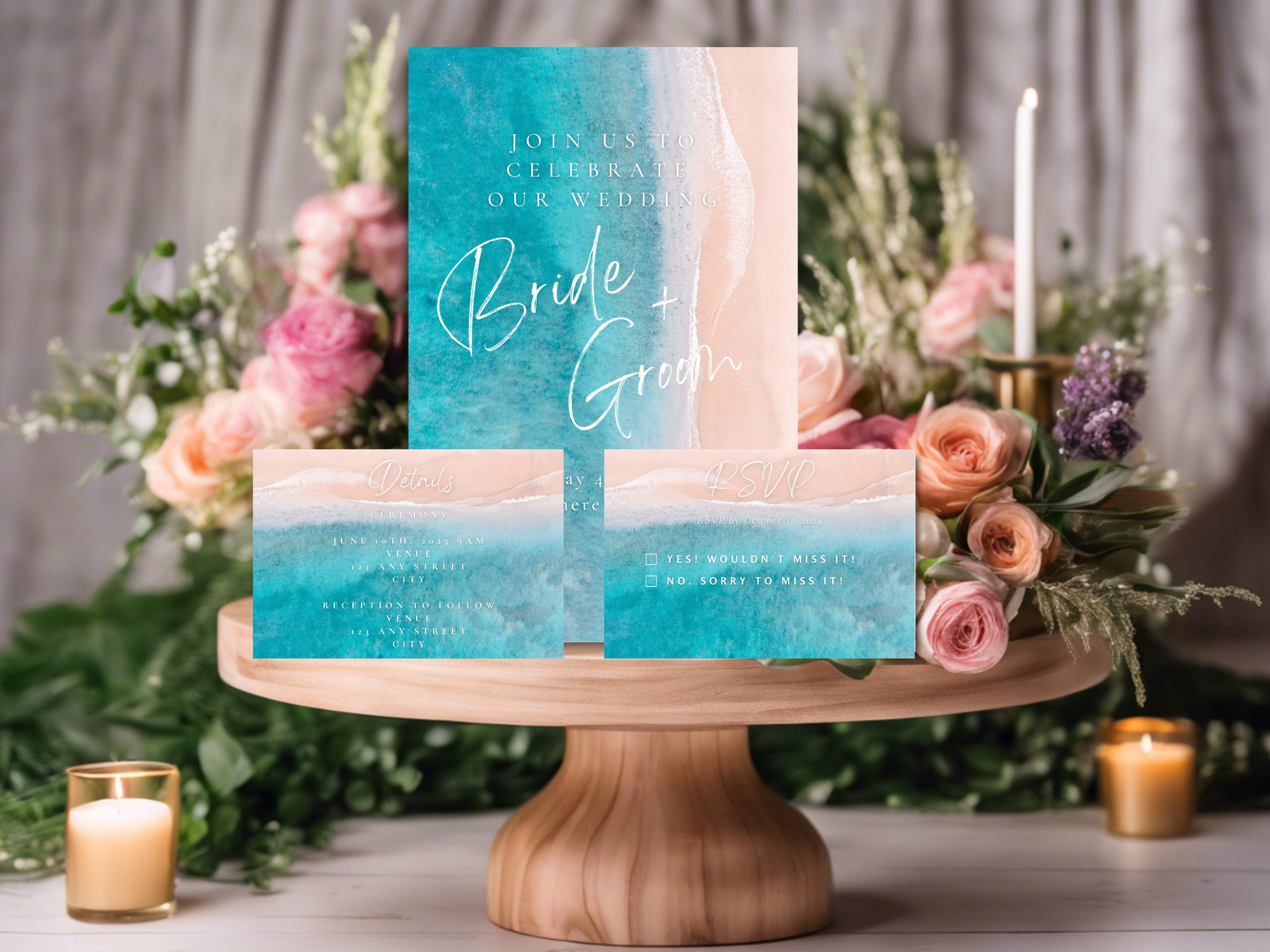Beach Wedding Invitation Template, Ocean Wedding Invitation Set, Beach ...