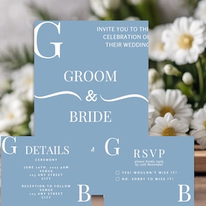 Dusty Blue Minimalist Wedding Invitation Bundle Canva Editable Templates | Wedding Invitation Suite With RSVP Instant Download