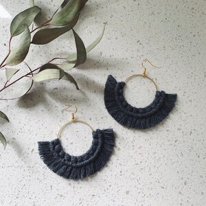 Circle Macrame Earrings Fringe | Hoop Earring Hoops | Geometric Boho Bohemian Minimal Jewelry | Handmade Sustainable Recycled Jewelry