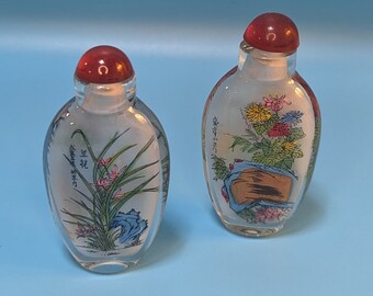 Set of antique Asian Églomisé Reverse Painted Snuff Bottles with removable agate caps