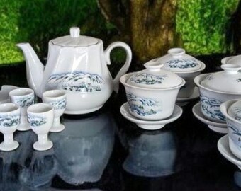 Vintage Chinese Tea Set, Wine Glasses, Vase, Toothpick Holder and Ashtray, New, 30 Pieces