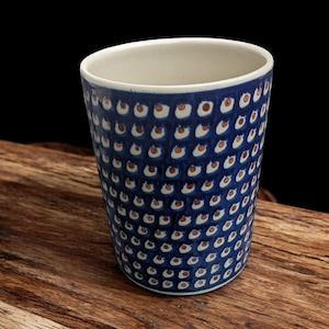 Boleslawiec Poland Hand Painted Utensil Holder or Jar, Peacock Pattern, Polish Pottery