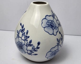 Blue White Floral Ceramic Bud Vase, Small Tabletop Decor Accent