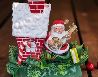 Vintage Santa Plastic Centerpiece, Decoration Santa Playing Guitar, Gift, Christmas, House Holiday Decor