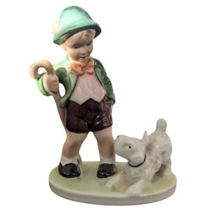 Vintage Gerold Porzellan Hand Painted Boy with Umbrella and Dog No. 5486 Tettau Bavaria West Germany Porcelain