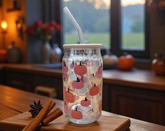 Pumpkin Glass Iced Coffee Cup with Bamboo Lid and Straw