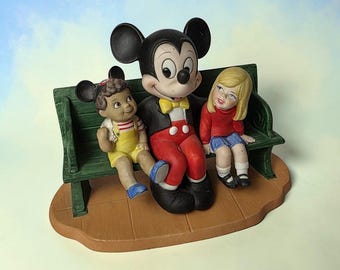 Vintage Walt Disney World Mickey Mouse Porcelain Bisque Figurine Sitting Bench with Kids