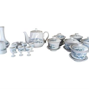 Vintage Chinese Tea Set, Wine Glasses, Vase, Toothpick Holder and Ashtray, New, 30 Pieces