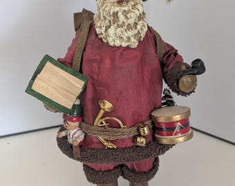 Vintage Paper and Fabric Mache Santa Claus 10" Pipe, Book, Toys, Christmas Figurine, Presents