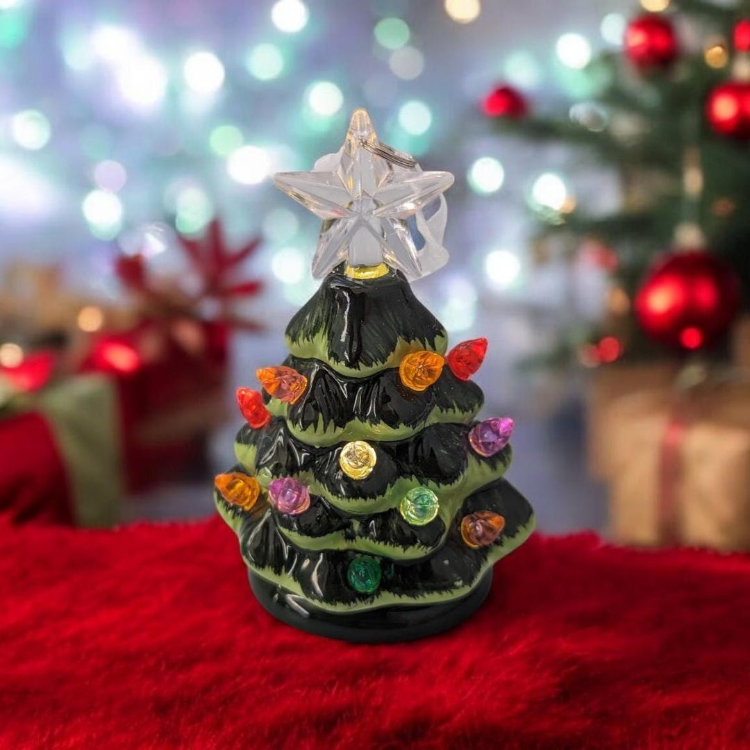 Mini Ceramic Green Christmas Tree Ornament, Nostalgic Light up Holiday ...