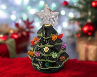 Mini Ceramic Green Christmas Tree Ornament, Nostalgic Light Up Holiday Decor, Vintage Inspired