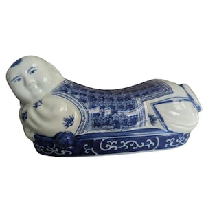 Hand Painted Chinese Ceramic Pillow, Glazed Vintage Sculpture, Porcelain Headrest, Unique Home Decor