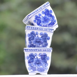 Vintage Delft New Holland Floral Blue Delftware Planter Pot Square, Succulents, Set of 3