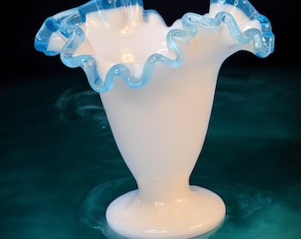 Vintage Fenton Aqua Crest Vase: Ruffled Milk Glass, Retro Decor
