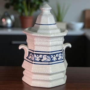 May include: A white ceramic jar with a lid, featuring a crackle glaze and blue decorative bands. The jar has a hexagonal shape with curved handles and a detailed blue floral pattern. A decorative kitchen storage container.