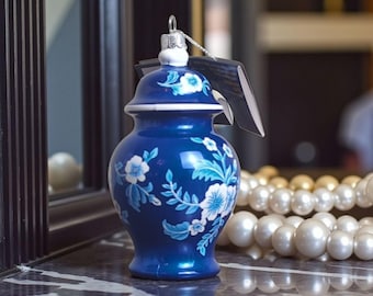 Blue Floral Ginger Jar Ornament: Home Decor Hanging Ornament