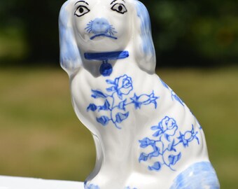 Staffordshire Reproduction King Charles Spaniel Dog Figurine, Blue Chinoiserie