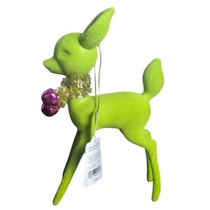 Flocked Reindeer Figurine Chartreuse with Tinsel Scarf, Pink Bells, Christmas Decor, Mantel Display