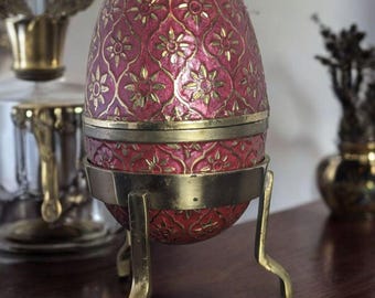 Vintage Cloisonné Egg Shaped Trinket Box, Burgundy Enamel, Floral Design, Brass Stand, Collectible