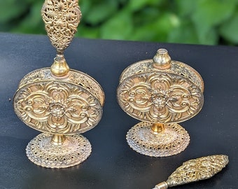 Vintage Brass Perfume Bottle Decanters, Ornate Vanity Decor, Collectible Perfume Holders