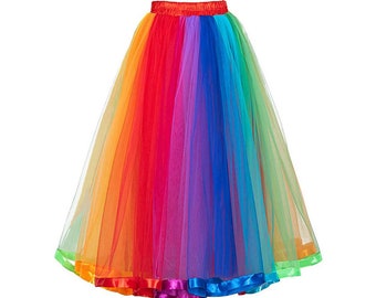 Rainbow Multicolor Plus Size Long Maxi A-Line Tutu Ruffle Tulle Rainbow