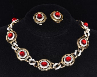 Stunning Kenneth J LANE Ruby RED Cabochon and RHINESTONE Necklace Earring Set