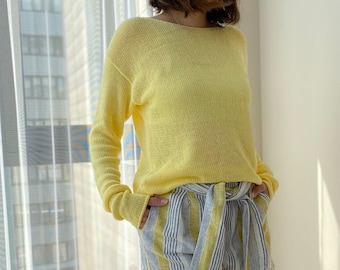 Cotton knit sweater in multiple colors and sizes. See-through sweater for women. Summer sweater. Boat neck sweater for Her. Basic sweater.