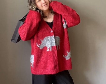 Hand knit cardigan with rhino print. Alpaca cardigan sweater. unisex cardigan. Gender neutral fluffy sweater. Cool chunky knit cardigan.