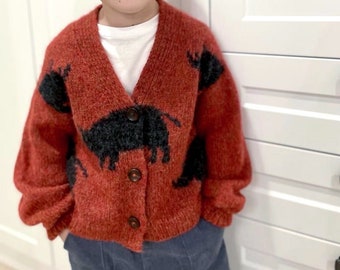 Hand knit rhino cardigan for kids. Oversized chunky knit sweater. Knit bomber jacket. Back to school wear. Gender neutral knit cardigan.
