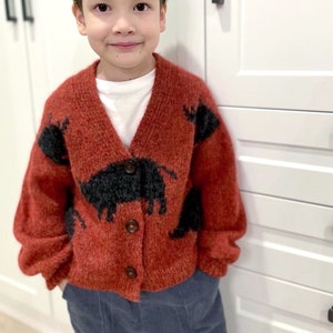 Hand knit rhino cardigan for kids. Oversized chunky knit sweater. Knit bomber jacket. Back to school wear. Gender neutral knit cardigan. image 1