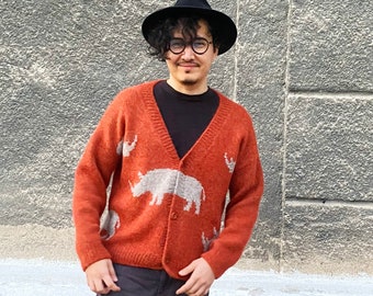 Unisex cardigan with rhino print. Alpaca cardigan sweater. Hand knit cardigan. Gender neutral fluffy sweater. Cool chunky knit cardigan.