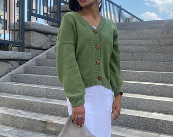 Hand Knit Cotton V-Neck Cardigan: Slouchy Summer Sweater