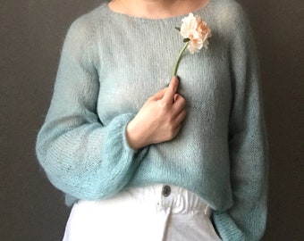 See through mohair sweater for women. Oversized sweater cable knit. Hand knit fluffy sweater for Her. Loose knit longsleeve top for Her.